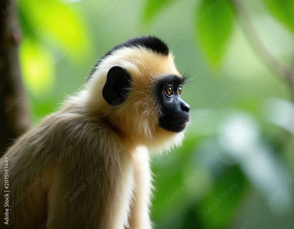 Fototapeta premium Close-up reveals white handed gibbon face. Furry primate sits amidst lush foliage. Animal portrait shows calm expression, brown eyes. Wildlife photo highlights rare mammal in natural habitat.