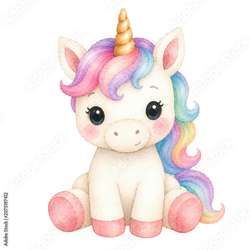 Cute baby unicorn, soft watercolor illustration, pastel rainbow mane, golden horn, rosy cheeks, adorable nursery clipart