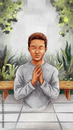 Young Black man with closed eyes prays with clasped hands. Watercolor art shows devotion and hope. Blank space allows for text overlay. Serene spiritual moment depicted.