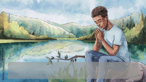 Young Black man with closed eyes prays with clasped hands. Watercolor art shows devotion and hope. Blank space allows for text overlay. Serene spiritual moment depicted.