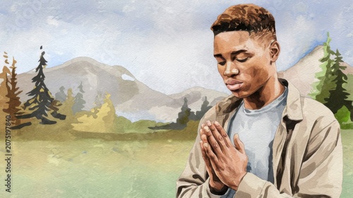 Young Black man with closed eyes prays with clasped hands. Watercolor art shows devotion and hope. Blank space allows for text overlay. Serene spiritual moment depicted.
