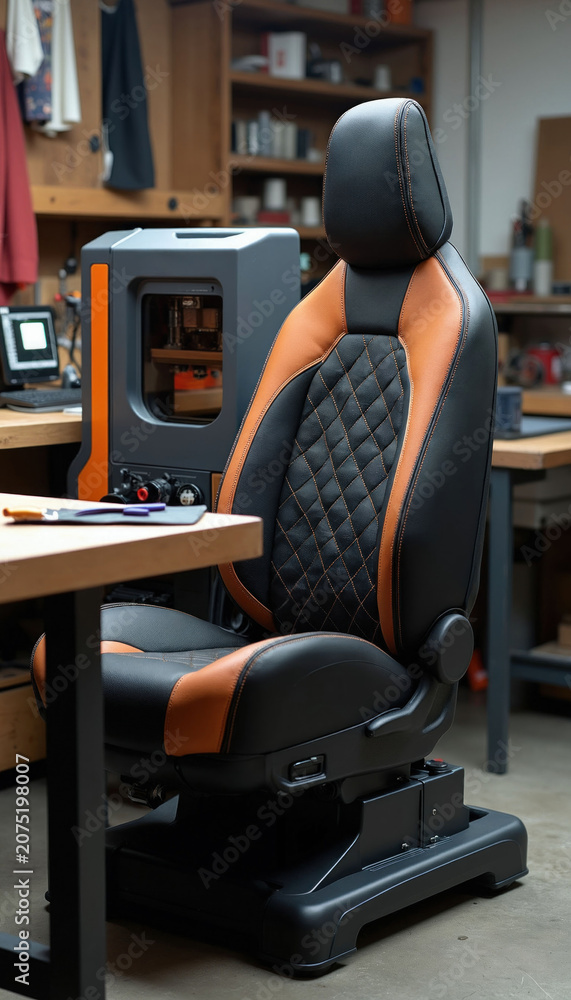 Fototapeta premium Car stitching machine and sample in workshop. Modern upholstery tool with fabric prototype. Automotive interior design tech. Custom car future.