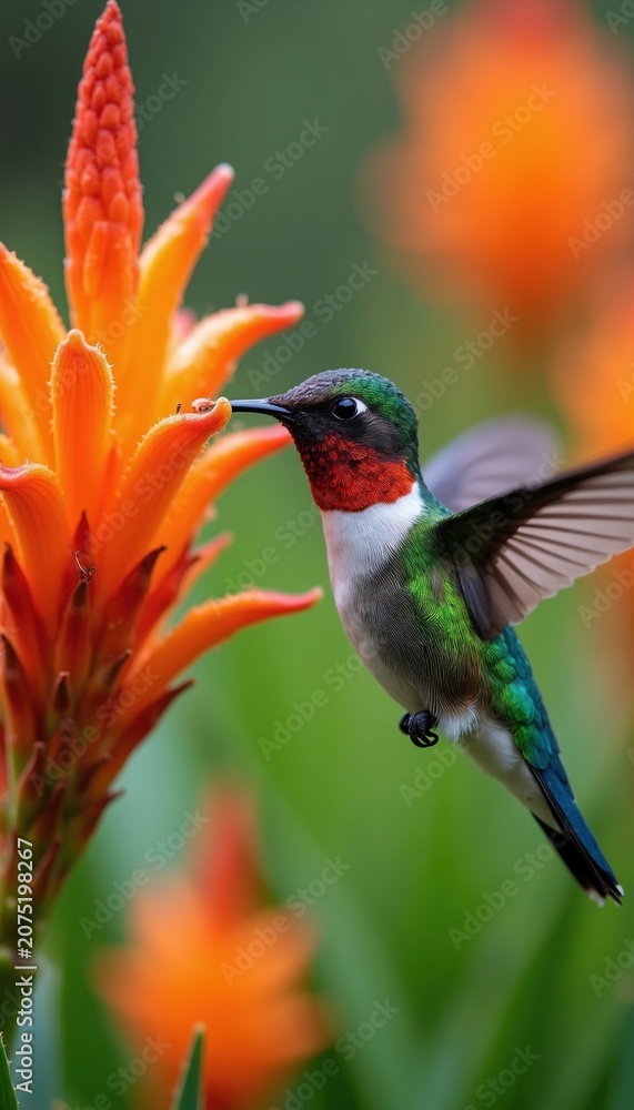 Fototapeta premium Small hummingbird bird with green feathers drinks nectar from vibrant orange flower. Tiny avian hovers in air near blooming plant. Animal feeds on sweet liquid from petal in garden.