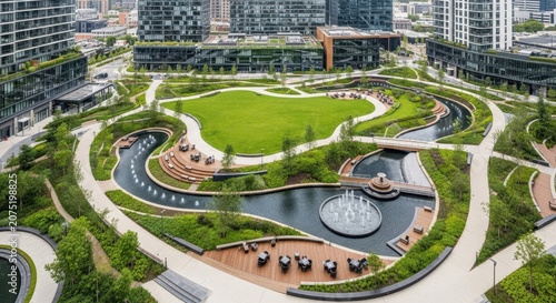 A Lush Urban Green Space With Winding Waterways and Modern Cityscape Views, Perfect for Public Recreation and Relaxation