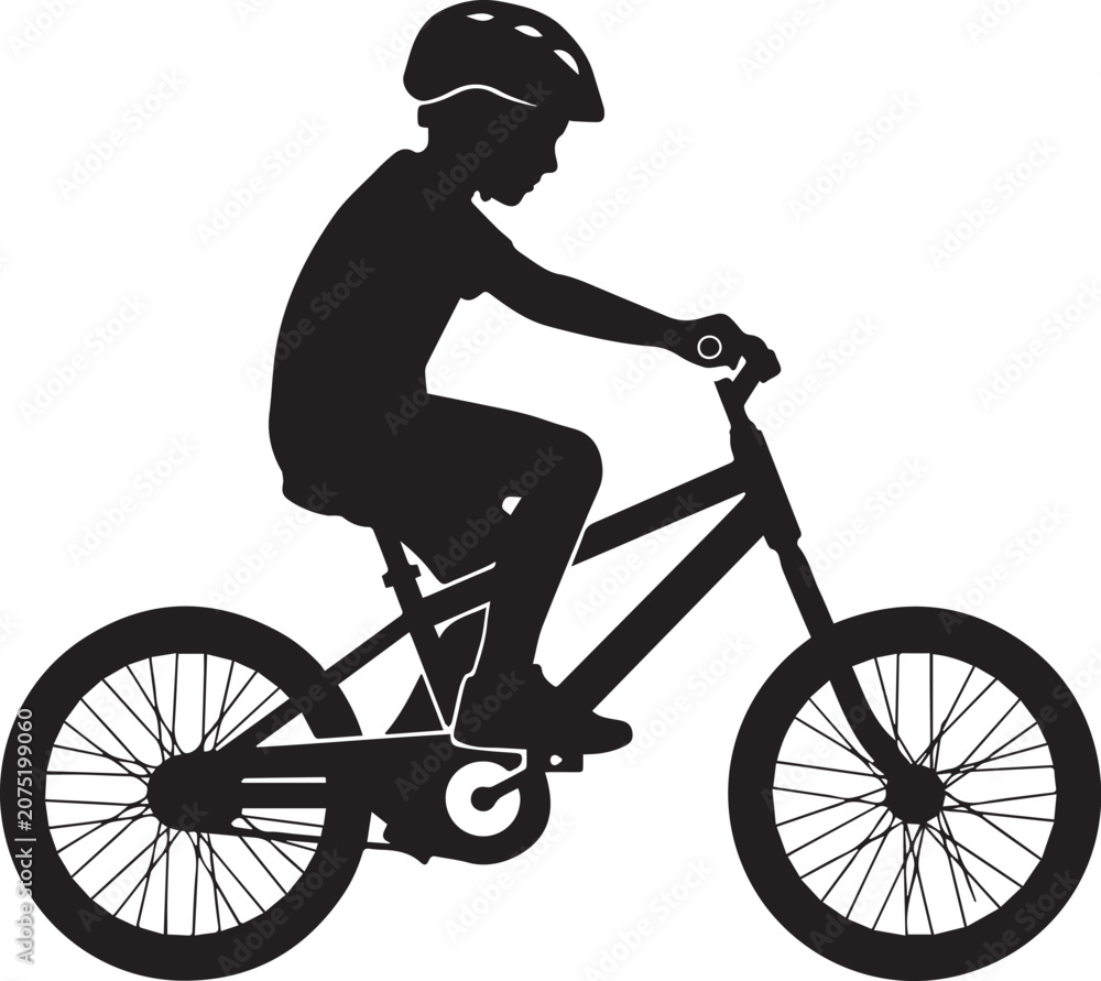 Naklejka premium Young Boy Riding BMX Bicycle Silhouette Vector Illustration with Safety Helmet Isolated on White Background for Sports Design