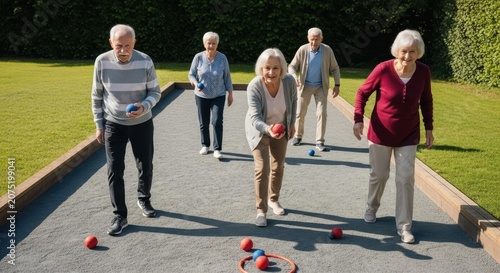 Active Seniors Enjoying a Game of Bocce Ball Outdoors in a Sunny Park Setting