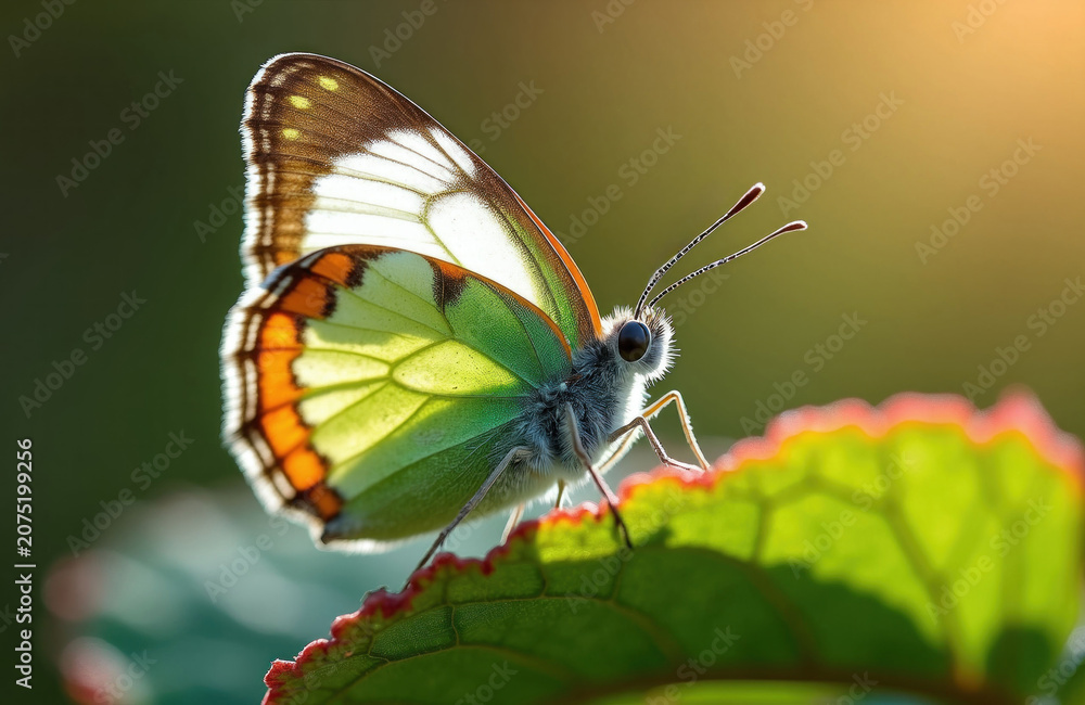 Fototapeta premium Orange tip butterfly rests on green leaf in soft sunlight. Tiny insect shows intricate wing patterns and fuzzy body detail. Macro view highlights natural beauty and spring season.