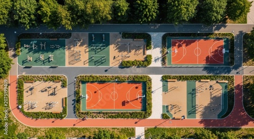 Aerial View of a Modern Urban Outdoor Recreation Area Featuring Basketball Courts and Outdoor Gym Equipment