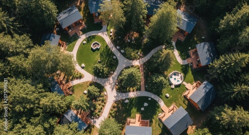 Aerial view of a tranquil outdoor resort village featuring cabins, pathways, and lush gardens, perfect for a peaceful wellness retreat.