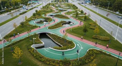 Aerial view of a vibrant urban park with winding green pathways, water features, and people enjoying recreational activities.