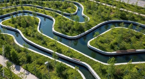 An aerial view showcases a modern urban nature park with winding water channels and lush green foliage.