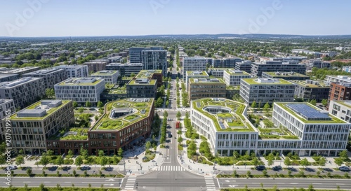 An expansive aerial view of a modern eco-metropolitan hub featuring lush green rooftops and contemporary architecture, showcasing sustainable urban development.