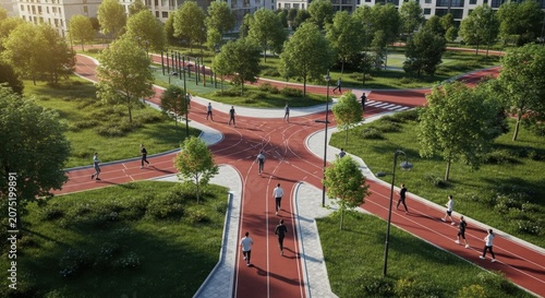 Athletes engage in urban running and fitness activities on a modern outdoor track network surrounded by green spaces and city buildings