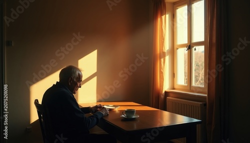 Elderly man sits alone at table by window with warm light  shadows. Empty plate  coffee cup suggest quiet contemplation  solitude  mealtime. Domestic scene portrays aging  loneliness  peaceful