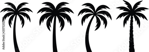Four diverse palm tree silhouettes against a pure white background representing tropical nature and summer travel in a clean graphic style