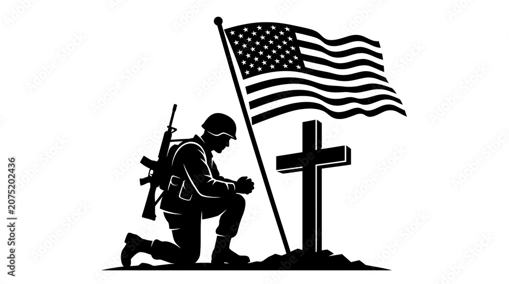 Fototapeta premium Silhouette of a soldier kneeling before a cross with an american flag