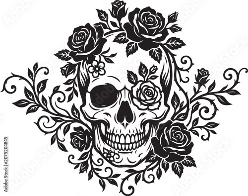 Black and white skull, floral wreath, day of the dead, sugar skull vector illustration