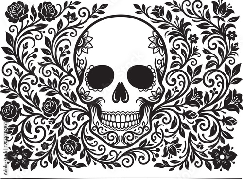 Sugar Skull, Floral Vector Illustration, Black and White, Day of the Dead, Tattoo Design, Ornate Decorative Element