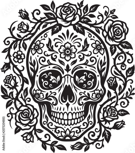 Sugar Skull, Day of the Dead, Black Vector Illustration, Floral Design Element, Tattoo Style Graphic