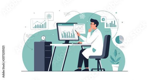 Scientist Analyzing Data on Computer, Medical Research, Lab Work, Healthcare Analytics