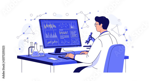 Scientist Analyzing Data on Computer with Microscope and Lab Equipment