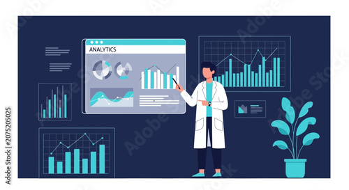 Scientist Analyzing Data on Digital Screen with Charts and Graphs