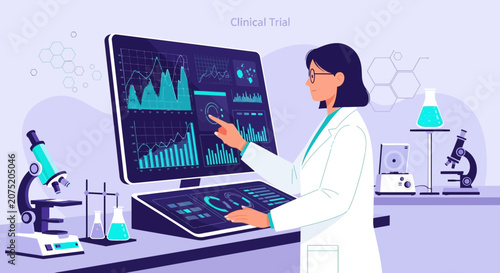 Scientist analyzing data on futuristic computer screen, clinical trial research, medical technology