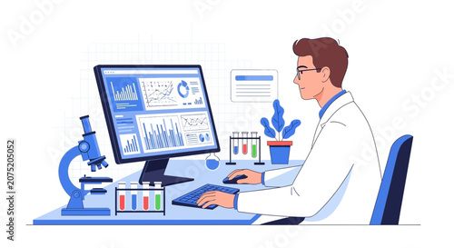 Scientist Analyzing Data on Computer with Microscope and Test Tubes in Laboratory