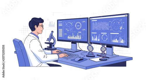 Scientist Analyzing Data on Dual Monitors with DNA Models and Microscope in Lab