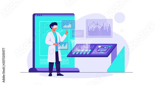 Scientist analyzing data on futuristic holographic interface, medical research and technology concept