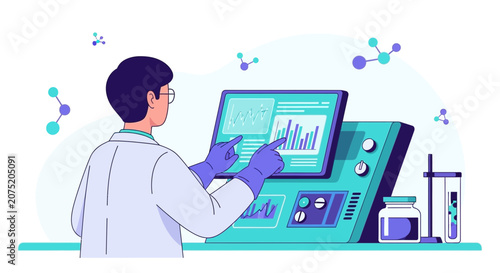 Scientist Analyzing Data on Futuristic Medical Screen, Molecular Graphics