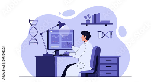 Scientist Analyzing DNA Data on Computer in Modern Lab, Genetic Research Concept
