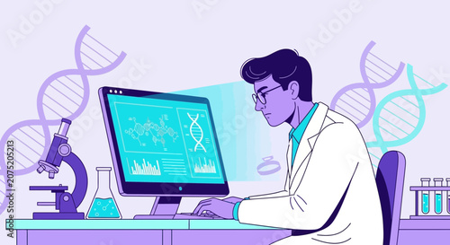 Scientist Analyzing DNA Data on Computer in Lab with Microscope and Test Tubes