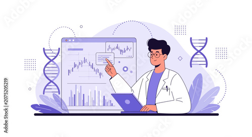 Scientist Analyzing DNA Data and Medical Charts on Digital Screen, Biotechnology Research