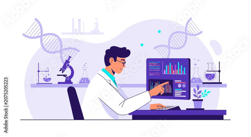 Scientist Analyzing DNA Data on Computer in Modern Laboratory with DNA Helix Background