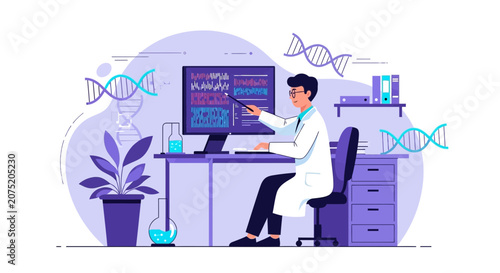 Scientist Analyzing DNA Data on Computer in Modern Laboratory with DNA Strands