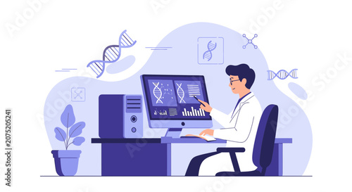 Scientist Analyzing DNA Data on Computer in Modern Laboratory