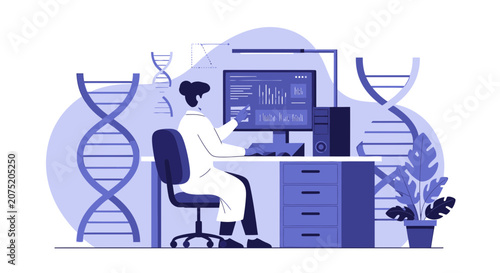 Scientist Analyzing DNA Data on Computer in Modern Laboratory with DNA Helix Background