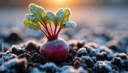 Beetroot plant with frost on leaves grows in cold soil under morning sun. Root vegetable in frosty ground  winter farm scene. Healthy produce ready for harvest.