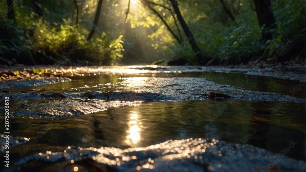Fototapeta premium Sunlight filtering through trees over a tranquil stream, highlighting nature's beauty and serenity