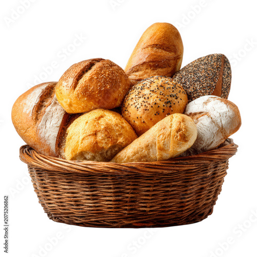 Freshly baked bread assortment in woven basket isolated on transparent background