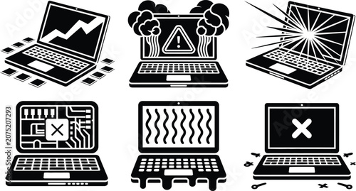 Bild auf Leinwand Broken Laptop Computer Damage Vector Icons Set Art