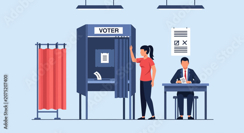 A woman casts her ballot in a voting booth at a polling station during an election process, representing civic duty and democratic participation.