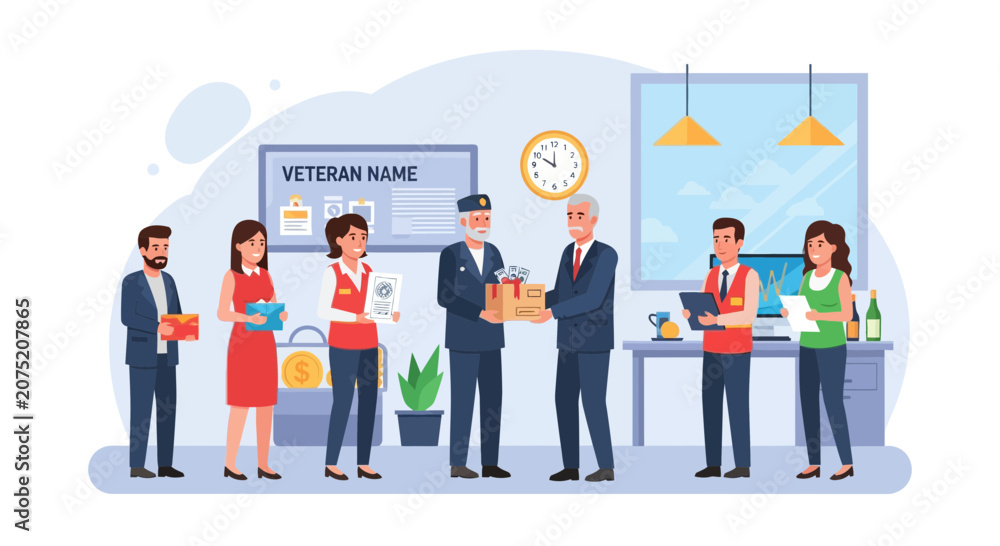 Obraz premium Veteran receives care package from community members in an office setting
