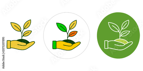 Hand holding a growing plant seedling icon set in three styles