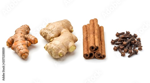 A high-angle, studio shot layout of four popular organic spices arranged in a row against a clean white background