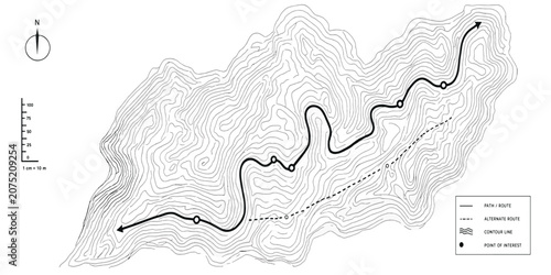 Topographic map segment showing mountainous terrain and hiking trail route with topographic elevation cartography navigation geography mountains landscape directional wilderness climbing