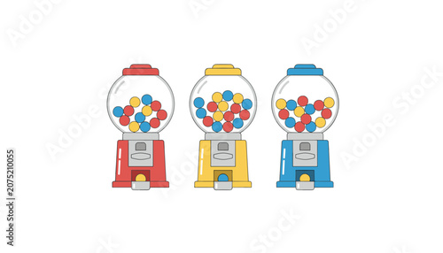 Trio of gumball machines with red, yellow, and green bases containing mixed candy spheres for playful food industry and confectionery branding.