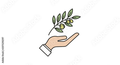 A hand holding an olive branch symbol.