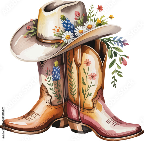 watercolor Cowboy Boots vector illustration isolated on white background